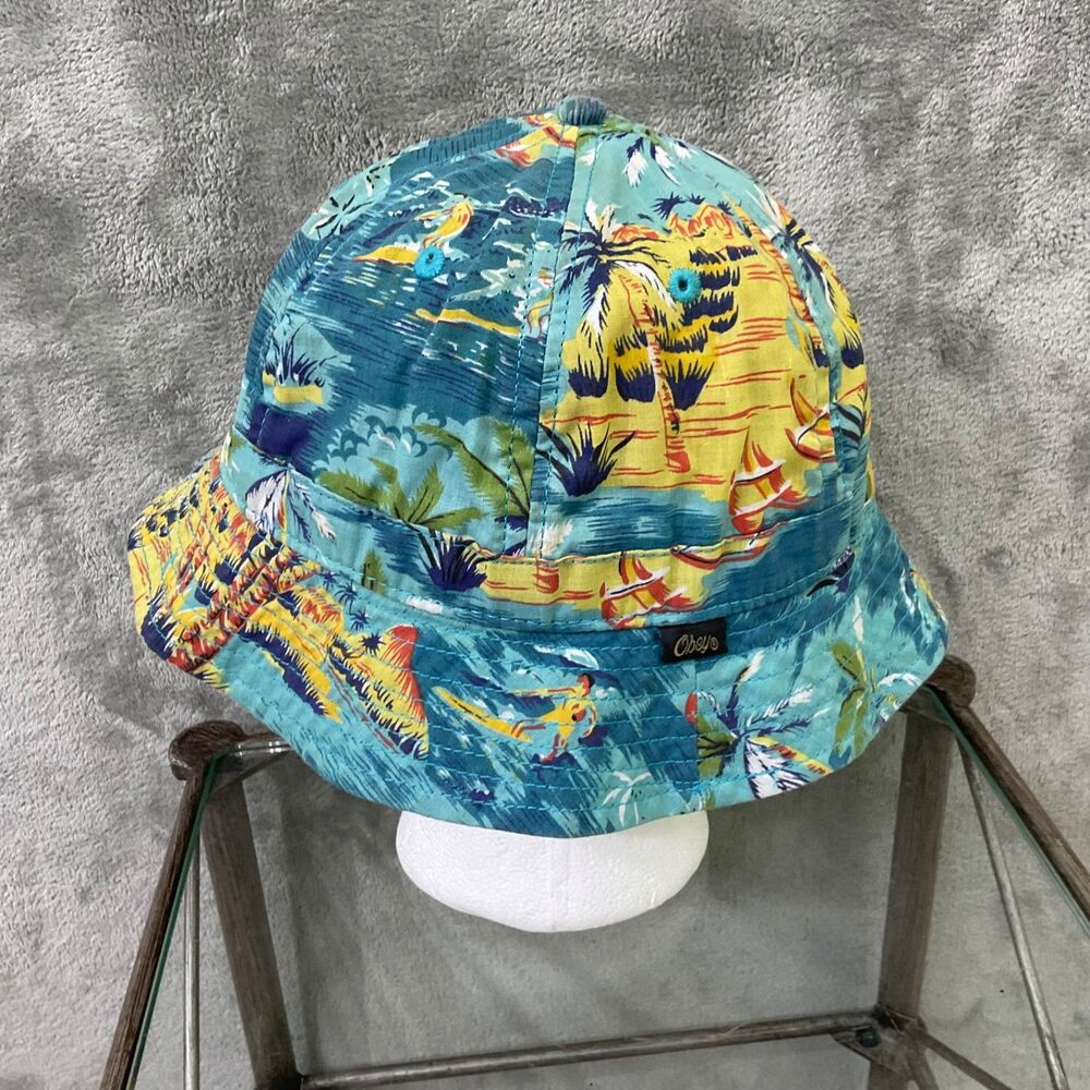 Obey  Bucket Hat Blue Golf Beach Vacation Pool packable surfer palm trees print